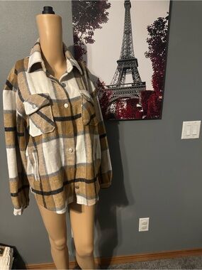 Women's Plaid Shacket Jacket - Mustard & Cream Medium